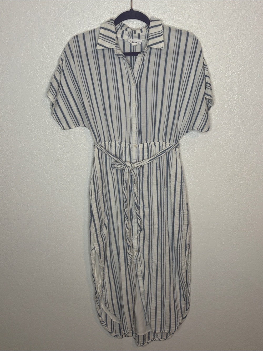 Olia White With Blue Stripes Gauze Cotton Button Down Shirt Dress Size Small
